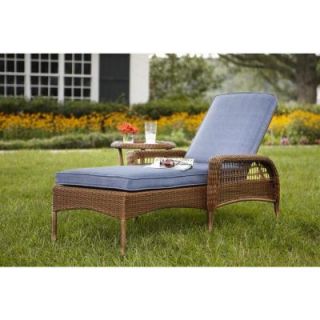 Hampton Bay Spring Haven Brown All Weather Wicker Patio Chaise Lounge with Sky Blue Cushions 66 20352