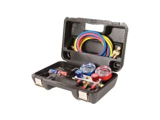 FJC 6850 R1234YF/R134a/R12 Aluminum manifold gauge set.with 72" hoses and manual couplers in a plastic box