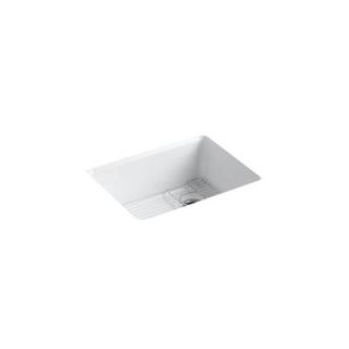 KOHLER Riverby Undermount Cast Iron 25 in. 5 Hole Single Bowl Kitchen Sink with Basin Rack in White K 5872 5UA1 0