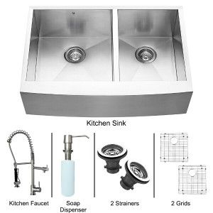 VIGO Industries VG15091 Kitchen Sink Set, Farmhouse Sink, Faucet, Two Grids, Two Strainers & Dispenser   Stainless Steel