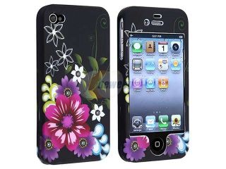 Insten Rose Red/Purple Flower Rubber Hard Case+Stylus+Clear Guard For iPhone 4 4G 4S