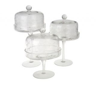 Set of 3 Etched Glass Pedestal Domed Cake Plates by Valerie —