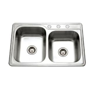 HOUZER Glowtone Series Top Mount Stainless Steel 33 in. 3 Hole Double Bowl Kitchen Sink ISL 3322BS3 1