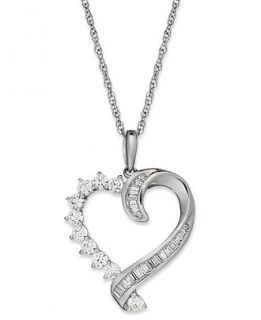 Diamond Baguette Swirl Heart Pendant Necklace in 10k White Gold (1/2