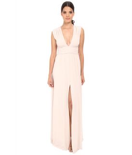 Halston Heritage Sleeveless V Neck Jersey Gown with Wrap Tie & Front Slit Oyster