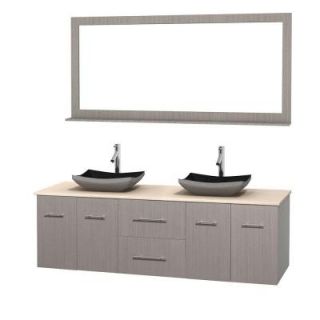 Wyndham Collection Centra 72 in. Double Vanity in Gray Oak with Marble Vanity Top in Ivory, Black Granite Sinks and 70 in. Mirror WCVW00972DGOIVGS1M70