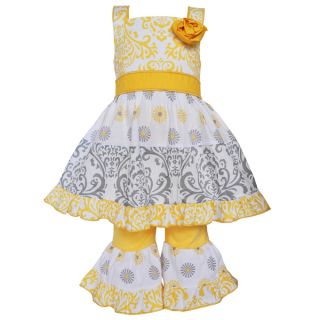 Ann Loren Girls Boutique Yellow and Grey Damask Dots Dress Outfit