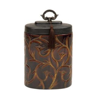Elegant Brown Ceramic Jar Gold Floral Design Black Lid Brown Tassel Decor 61734