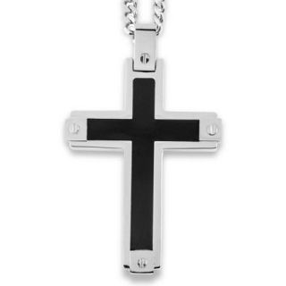 Crucible Stainless Steel Black Enamel Inlay with Screw Accents Cross Pendant