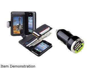 Insten Black Leather Wallet Purse Case Card Holder with Black Dual USB Mini Car Charger Adapter for iPhone 4 / 4S1412522