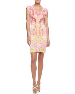 Roberto Cavalli Cap Sleeve Scoop Neck Printed Dress, Pink/Neon