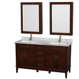 Wyndham Collection Hatton 60 inch Double Bathroom Vanity in Dark Chestnut, White Carrera Marble Countertop, Undermount Square Sinks, 24 inch Medicine Cabinets