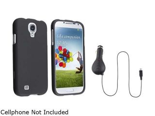 Insten Black Hard Case Cover + Retractable Car Charger Compatible with Samsung Galaxy SIV S4 i9500