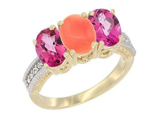 14K White Gold Natural Coral & Pink Topaz Sides Ring 3 Stone 7x5 mm Oval Diamond Accent, sizes 5   10