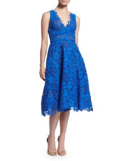 Monique Lhuillier Sleeveless Fit & Flare Lace Dress, Cobalt