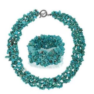 Bling Jewelry Multi Strand Simulated Turquoise Chips Cluster Necklace and Bracelet Set Silver Plated