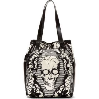Alexander McQueen Black & Ivory Lace Skull Tote