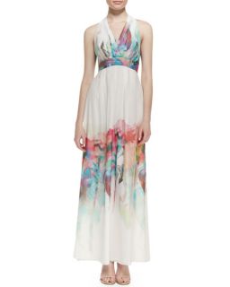 Nicole Miller Silk Watercolor Floral Print Halter Gown
