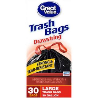 Great Value Drawstring Large Trash Bags, 30 gal, 30 count