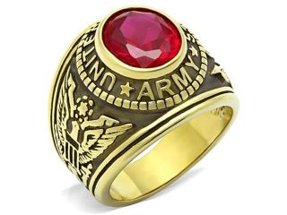 Stainless Steel US Army Military Ring Gold Plated with Red Stone, Size 10 