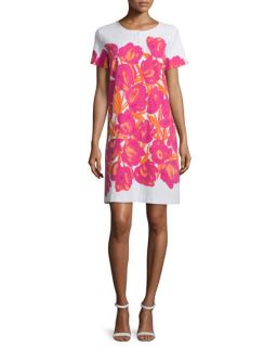 Joan Vass Short Sleeve Floral Print Pique Dress