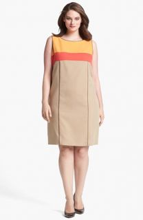 Tahari Faux Leather Piping Colorblock Shift Dress (Plus Size)