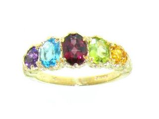 High Quality Solid 14K Yellow Gold Natural Amethyst, Blue Topaz, Garnet, Peridot & Citrine English Victorian Ring   Size 5.25   Finger Sizes 5 to 12 Available