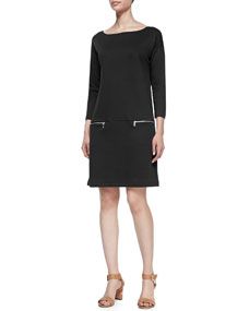 Joan Vass Knit Zip Pocket Shift Dress, Petite