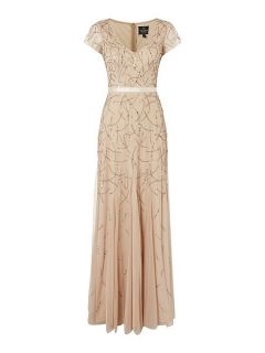 Adrianna Papell V neck cap sleeve gown with embellishment Champagne