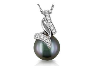 Michiko 9.5 10 mm Tahitian Pearl 10K White Gold Pendant Necklace with Diamond Accents 