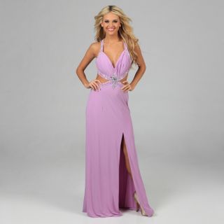 NV Couture Womens Lilac Cut out Waist Beaded Applique Halter Gown