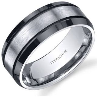 Oravo Men's Titanium Black and Silver Beveled Edge Wedding Band Ring, 8mm