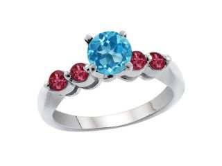 1.36 Ct Swiss Blue Topaz Red Rhodolite Garnet 14K White Gold Engagement Ring 