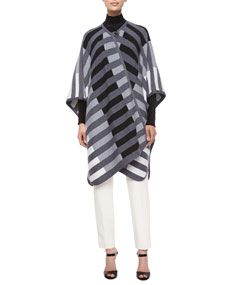 Escada Striped Woven Blanket Cape, Mock Neck Long Sleeve Velvet Top & Tina Slim Leg Pique Pants