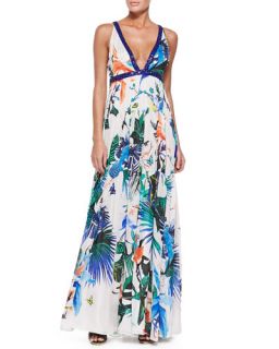 Roberto Cavalli Alize Print Beaded Open Back Gown, Blue/White