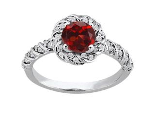 1.75 Ct Round Red Garnet White Diamond 18K White Gold Ring 
