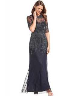 Adrianna Papell Elbow Sleeve Beaded Illusion Gown   Dresses   Women