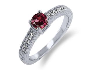 0.81 Ct Round Red Rhodolite Garnet White Diamond 14K White Gold Engagement Ring 