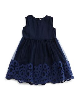 Jamari Sleeveless Embroidered Tulle Dress, Navy, Size 5 8