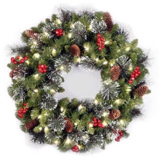 National Tree Pre Lit 24" Crestwood Spruce Wreath with Silver Bristle, Cones, Cones, Red Berries and Glitter with 50 Battery LED Lights