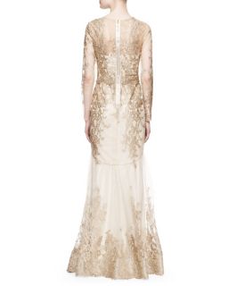 Notte by Marchesa Long Sleeve Lace Illusion Mermaid Gown, Gold