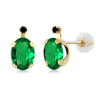 1.21 Ct Oval Green Nano Emerald Black Diamond 14K Yellow Gold Earrings