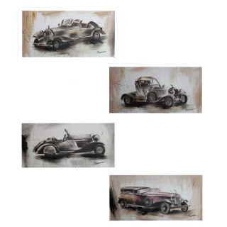 Automobiles 4 Piece Pencil Drawing Painting Print Set by Entrada