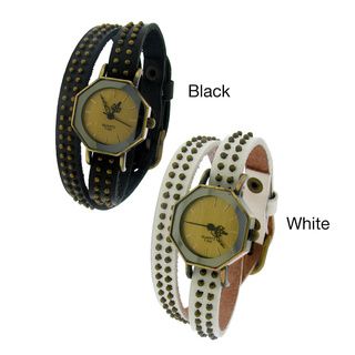 Moise Womens Leather Double Beaded Wrap Band with Octagon Face Watch