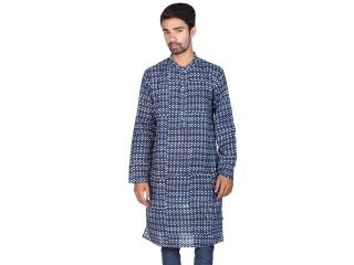 Rajrang Ethnic Designer Geometric Hand Block Printed Ethnic Wear Men's Clothing Indigo Kurta Shirt # MEK00983 L