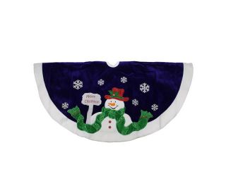 48" Dark Blue "Merry Christmas" Embroidered Velveteen Snowman Tree Skirt
