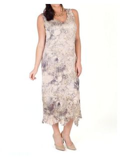 Chesca Crush Pleat Printed Dress with Lace Trim Beige