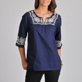 La Cera Womens Floral Embroidered 3/4 sleeve Top